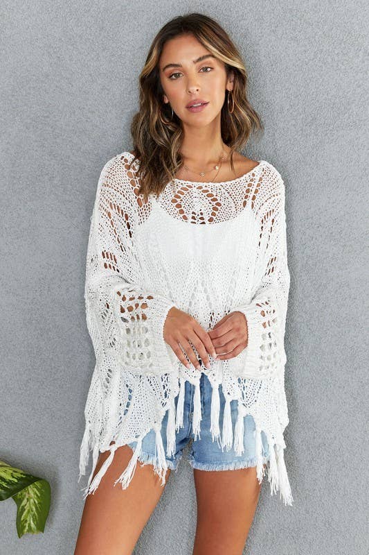 VENTI6 - Vente Poncho – femme - PONCHO COUVRE-ÉPAULES À ÉPAULES DÉTENDUES EN CROCHET AVEC FRANGES (72063)4