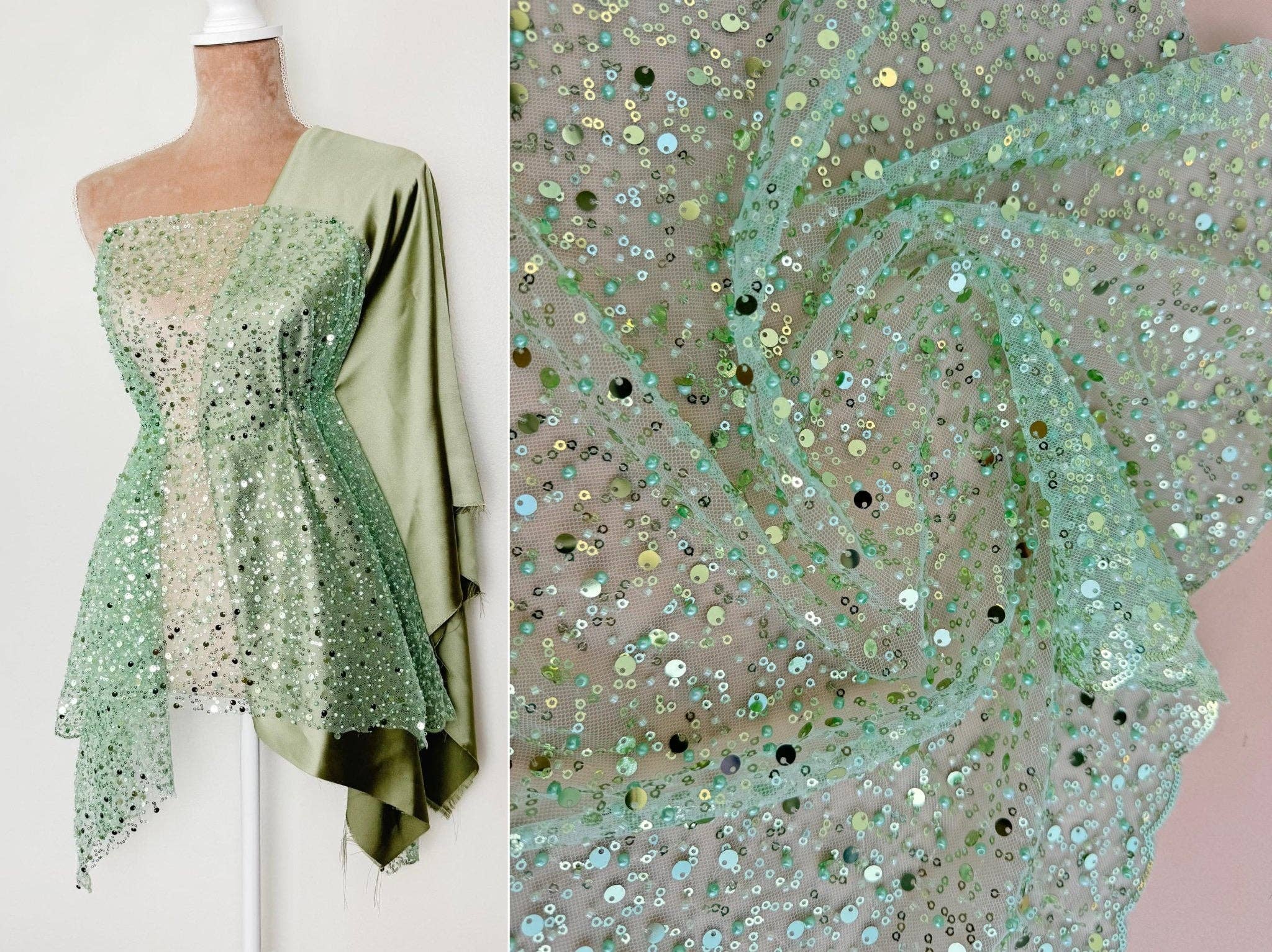GalaTextile - Wholesale Craft Supplies - Sage Green Beaded Lace Fabric by Yard | Embroidered with Pearls & Sequins Mesh | Bridal Dresses, Gowns, Veils, Table Decor1
