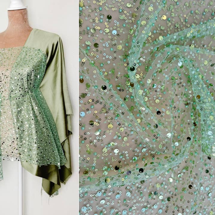 GalaTextile - Wholesale Craft supplies - Sage Green Beaded Lace Fabric by Yard | Embroidered with Pearls & Sequins Mesh | Bridal Dresses, Gowns, Veils, Table Decor1
