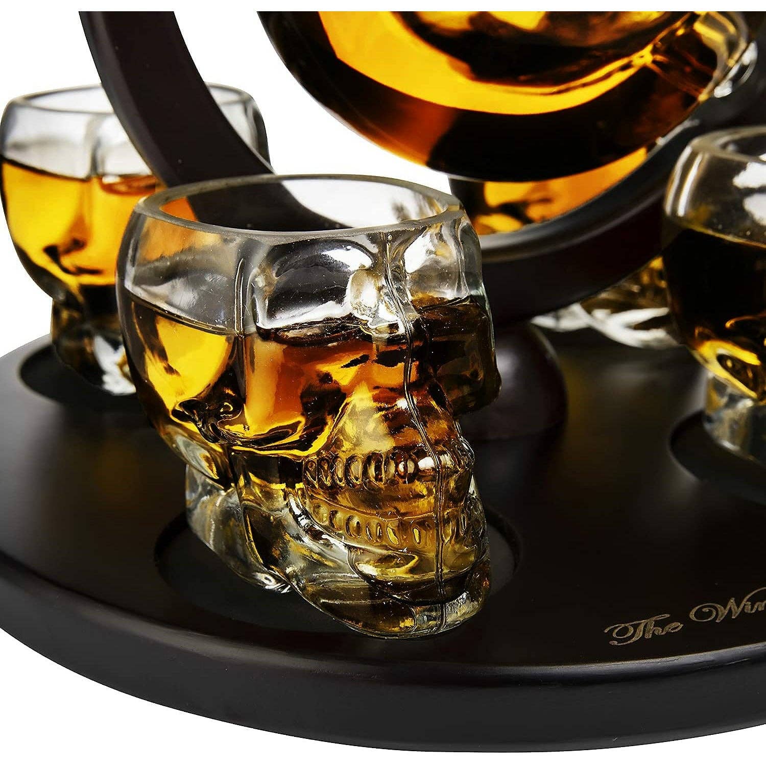 The Wine Savant /  Khen Glassware - Wholesale Decanter - Large Skull Decanter 4 Glasses - Beautiful Wooden Base - By3
