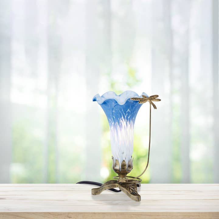 River of Goods - Wholesale Accent/Desk Lamp - 9"H Blue & White Handpainted Glass Dragonfly Lily Lamp6
