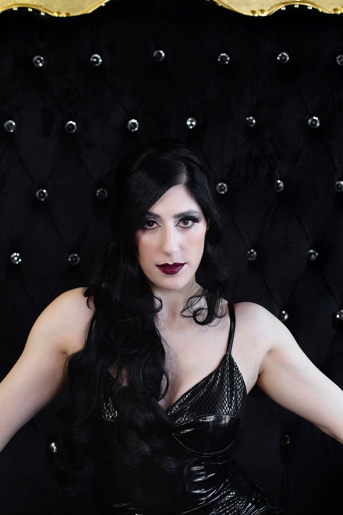 Weasel Wear - Wholesale Dress - Women's - Creature Vinyl Dress in Black - Black Vinyl Mermaid Gown with Fishnet Overlay & Structured Neckline (Dark Siren Edition)8