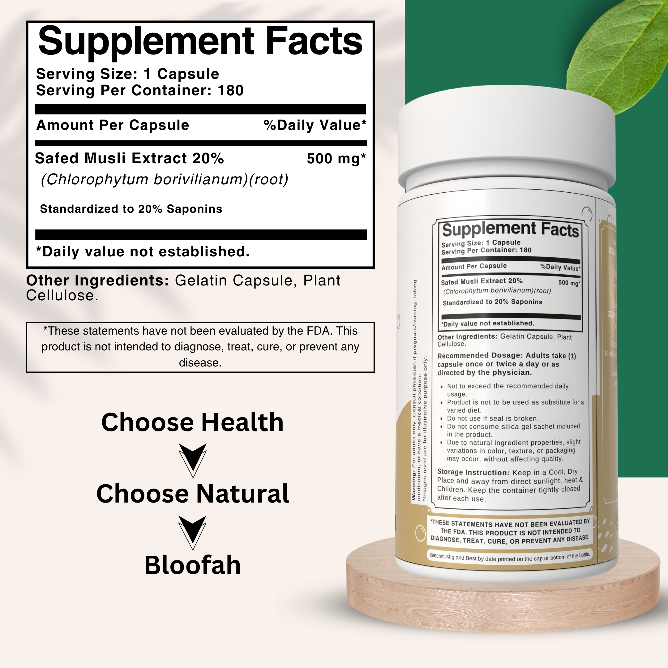 Bloofah – Engroshandel Kosttilskud og vitaminer – Safed Musli Kapsler – 500mg | 20% Ekstrakt, Naturlig, Ikke-GMO1