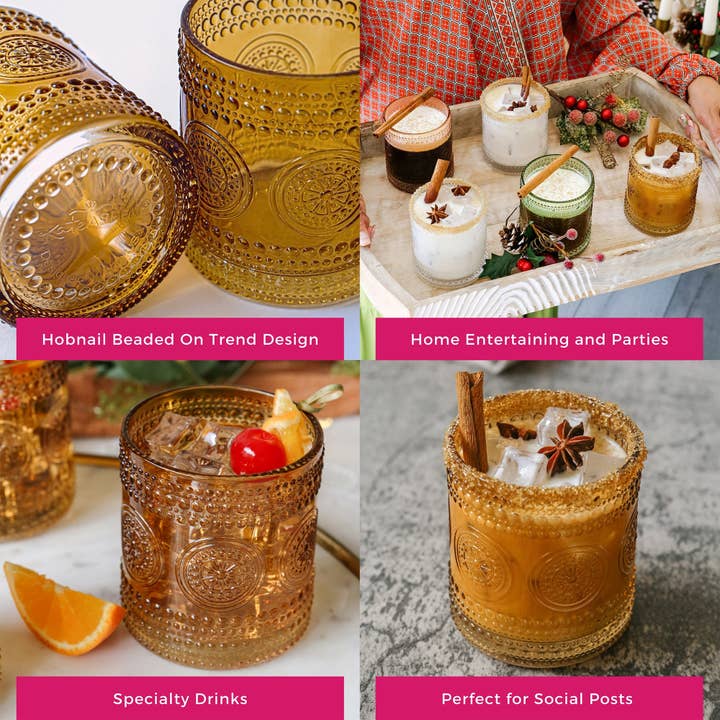 Kate Aspen – wholesale Cocktail/liquor glass – 10 oz. Hobnail Beaded Floral Amber Drinking Glasses (Set of4