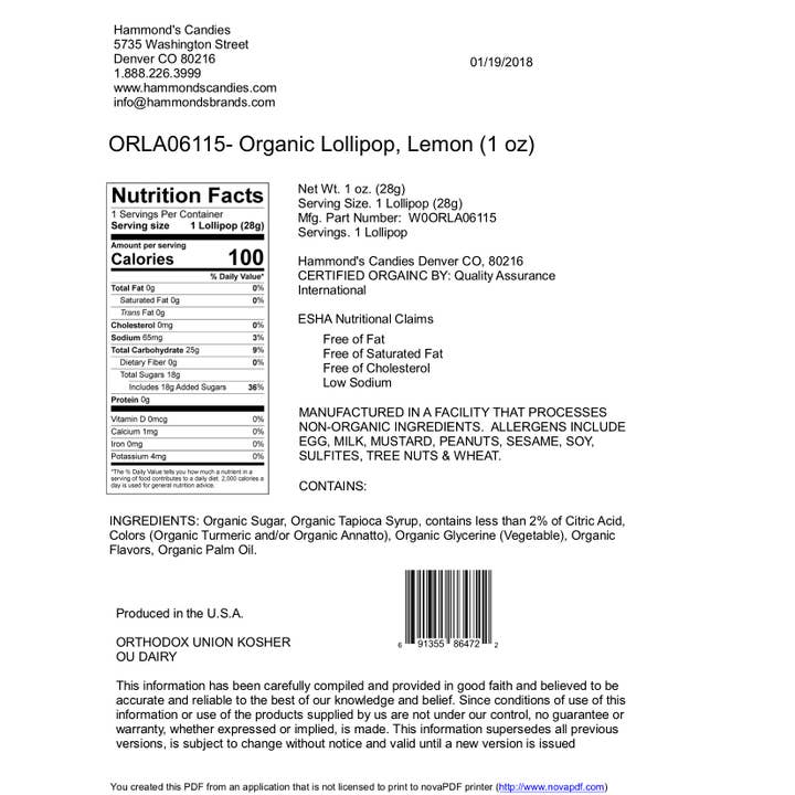 Hammond's Candies - Wholesale Lollipop - Organic Handmade Lollipop - Lemon - 1 oz1