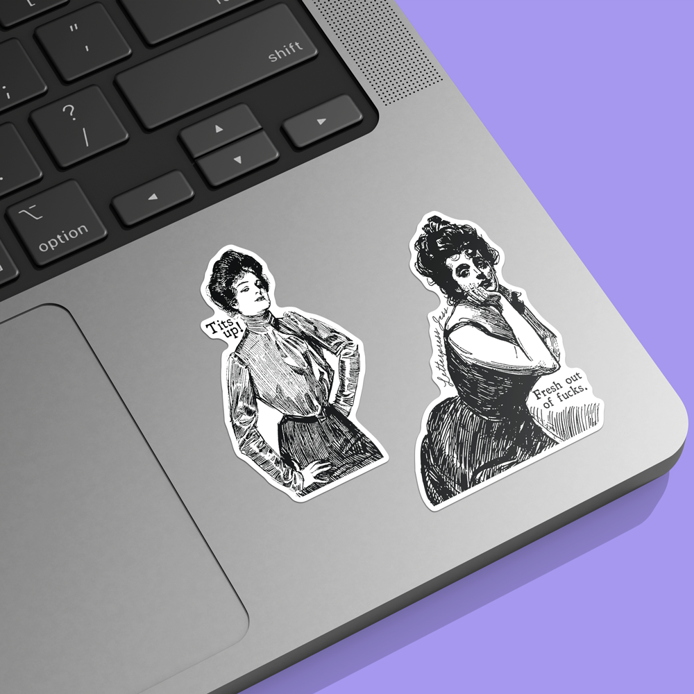 Letterpress Jess - Wholesale Sticker - Gibson Girl Tits Up Sticker1