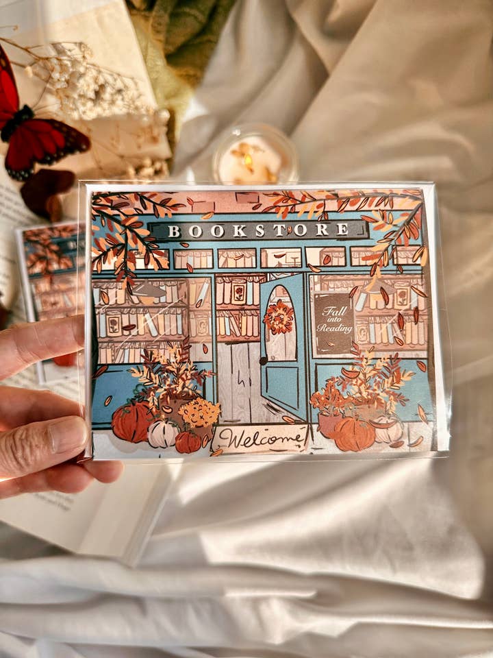 Fall Bookshop Greeting Card | Fall Into Reading Card for wholesale by Arts By BooksNMae