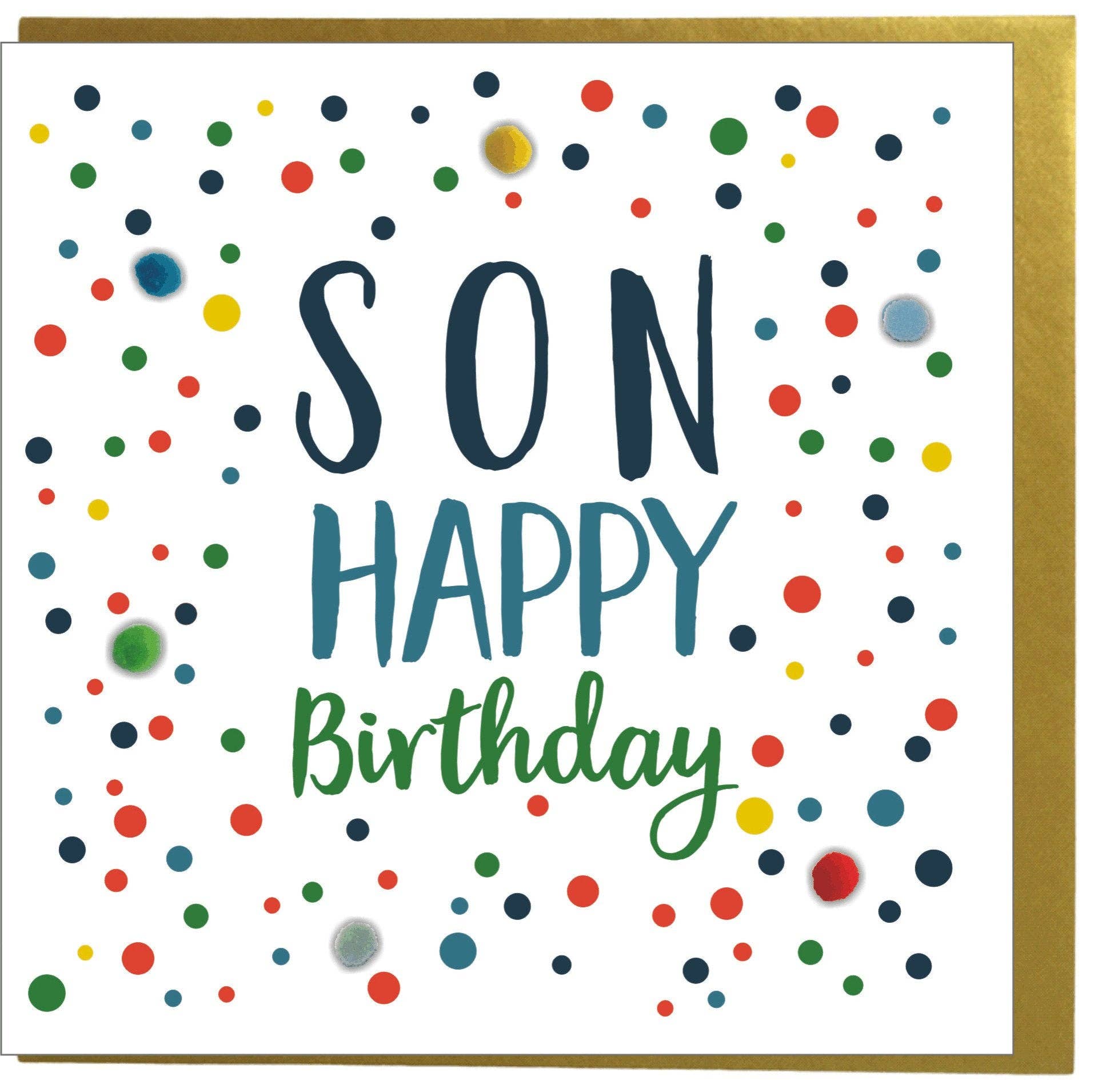 Claire Giles Ltd - Wholesale Birthday Card - Birthday Card, Dotty, Son, Happy Birthday, Embellished with colourful pompoms4