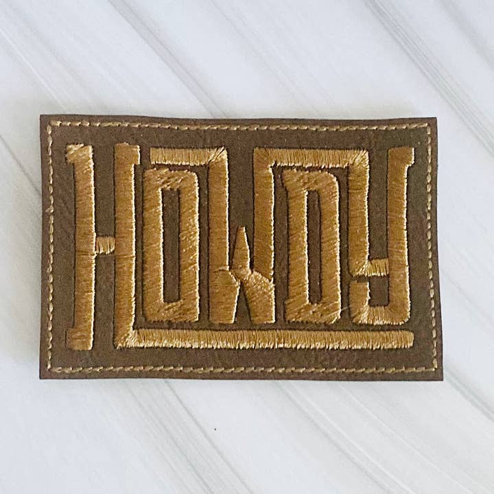 Howdy embroidered leather hat patch for wholesale by R & R Stitched