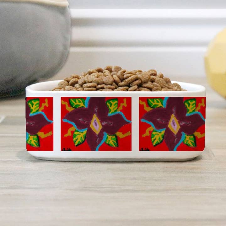 Red Magnolia pet bowl for wholesale by NOLAs Finest Pet Care llc