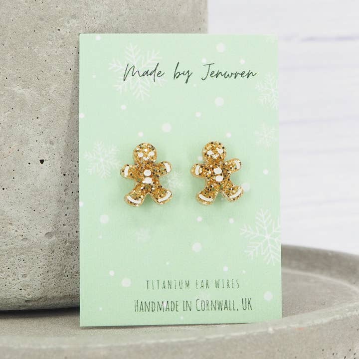Mini Gold glitter gingerbread man Christmas studs for wholesale by MadebyJenWren