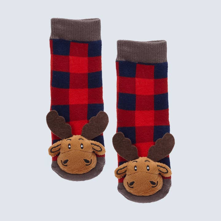 Red Baby Socks Plaid Moose for wholesale on Faire