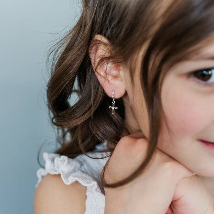 Cherished Moments - Wholesale Huggie Earrings - Sterling Silver Huggie with Cross Earrings for Kids, Girls