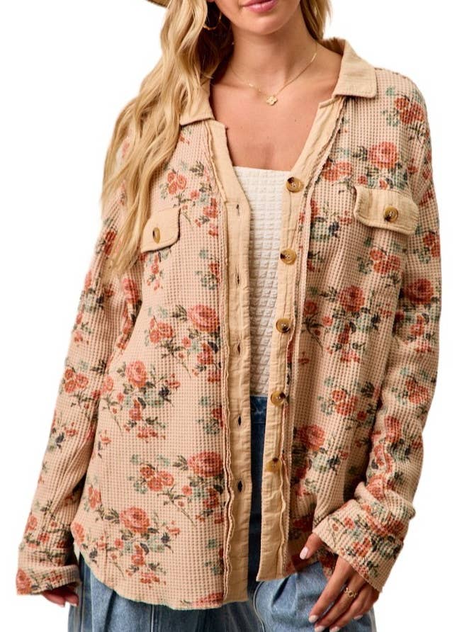 Floral Print Washed Waffle Thermal Shacket for wholesale by Vanilla Monkey