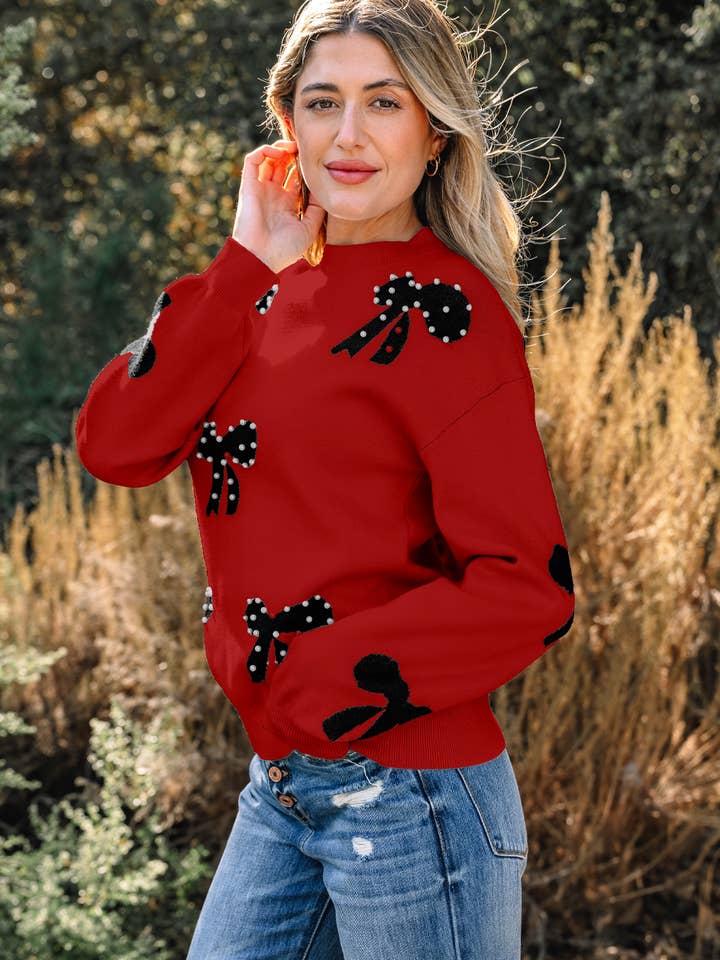 LALA LOO - Wholesale Knit Sweater - Women's - LALALOO Bow Pearl Embellished Ribbed Trim Sweater19