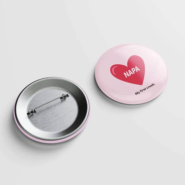 Questionable Designs - Wholesale Lapel pin/button - Napa First Crush Pin-back Button