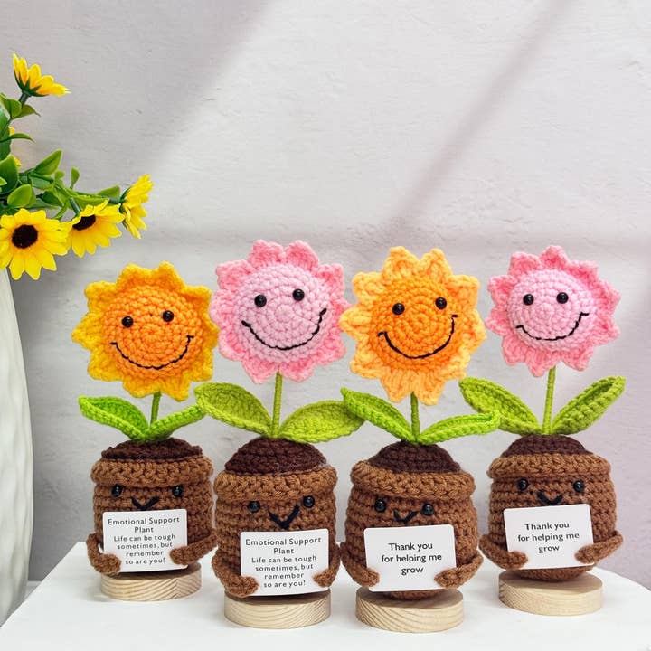Tournesol Souriant au Crochet, Décoration de Plante de Soutien Émotionnel pour la vente par TOMOPOD LLC