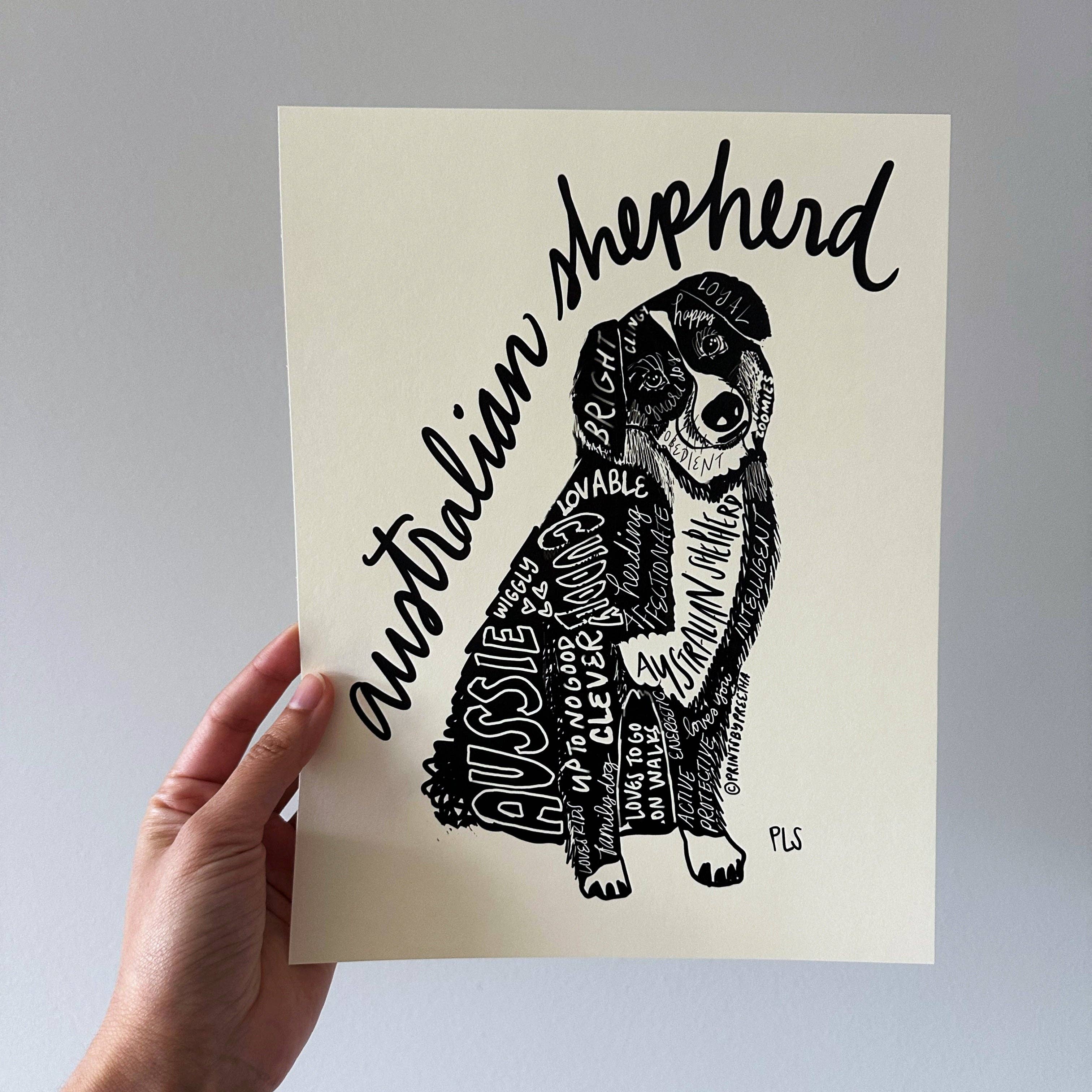 Prints By Preetha - Wholesale Art Print - Australian Shepherd Dog Print, Dog Lover Gift for Pet Stores0