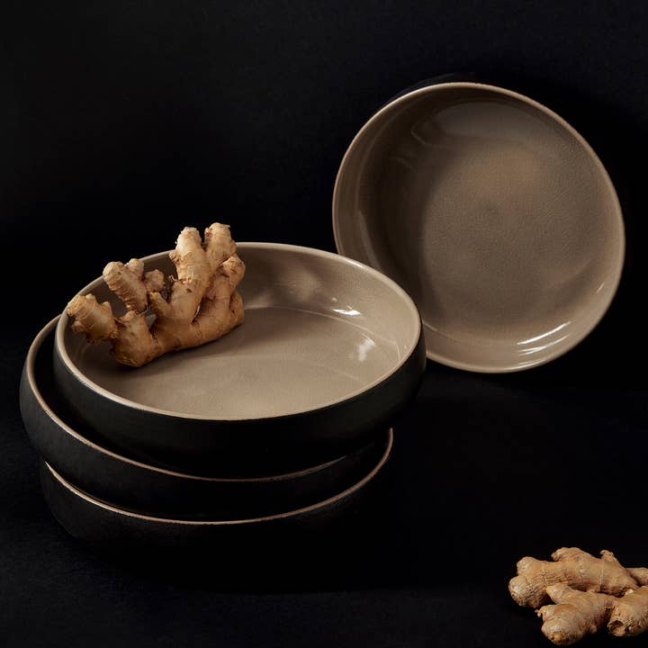 GHARYAN Stoneware & Olive Wood Tableware | Ships from USA - Wholesale Salad Plate - Handmade Stoneware Pasta/Salad Plate | Edan 7.9"9