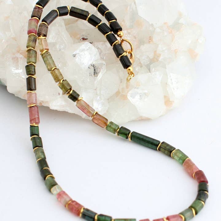 Exklusive Turmalinkette Edelsteinkette Bunt-Farbe Collier Rohr Halskette 45 cm für den Großhandel von BKGEMS