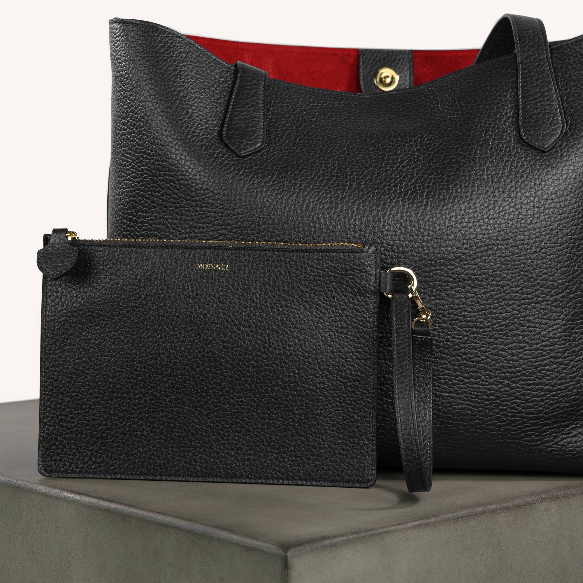 MODHER - Wholesale Tote Bag - Women's - Large leather Tote Bag Black & Red Interior7