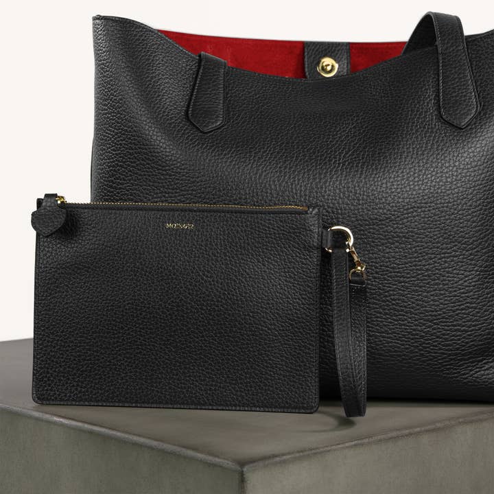 MODHER – wholesale Bärkasse - Dam – Stor läder Tygväska Svart & Röd Interiör7