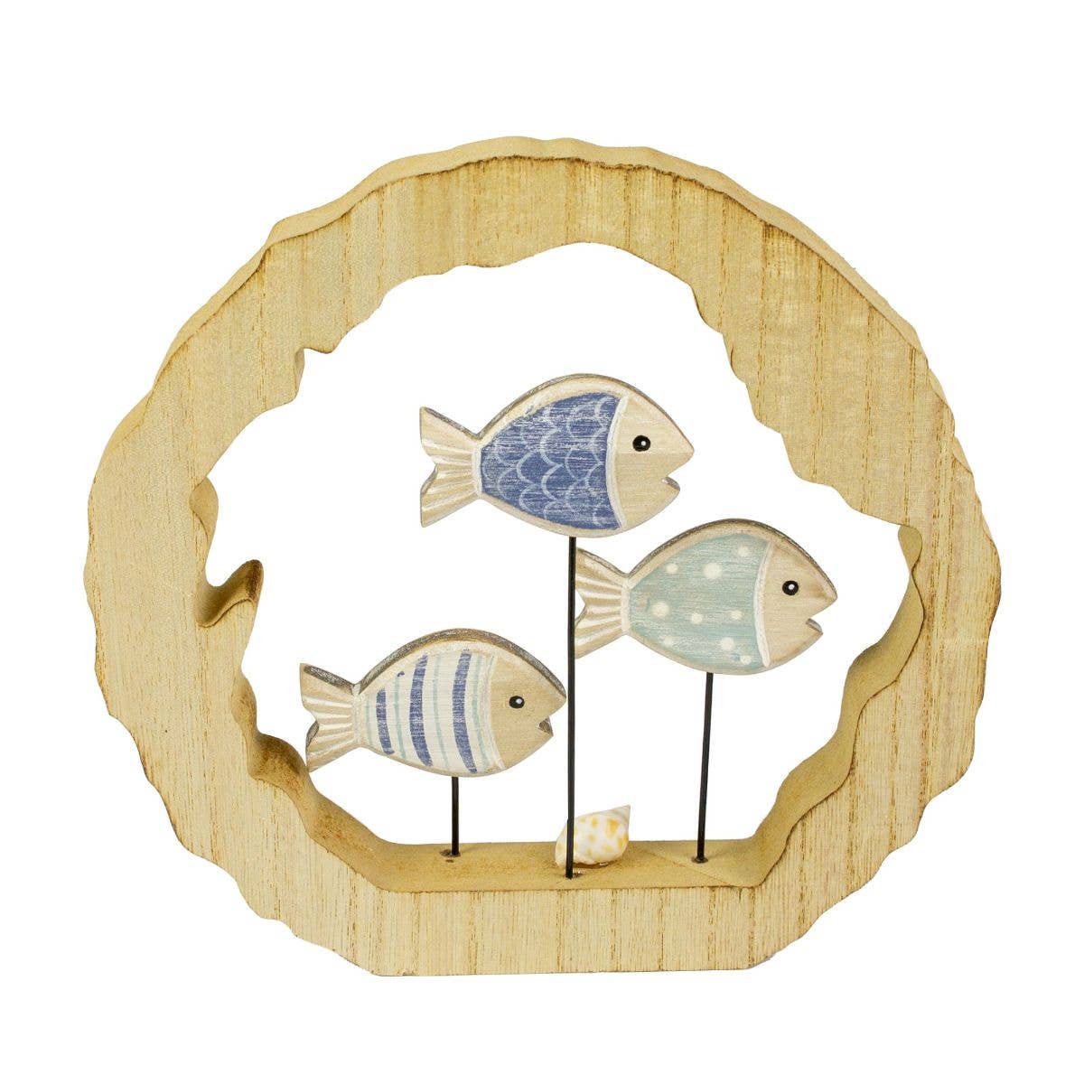 Nauticalia – wholesale Decorative tabletop object – Three Fish in Log Slice Frame, 20cm0