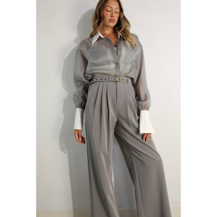 GREY LONG CONTRAST CUFF SHEER TOP AND PANTS SET for wholesale on Faire