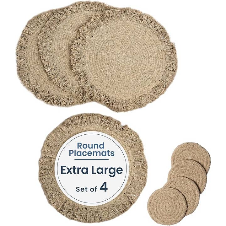 Beige Cotton Rope Placemats & Coasters Set of 4 with Fringes for wholesale by The Fine Living Company