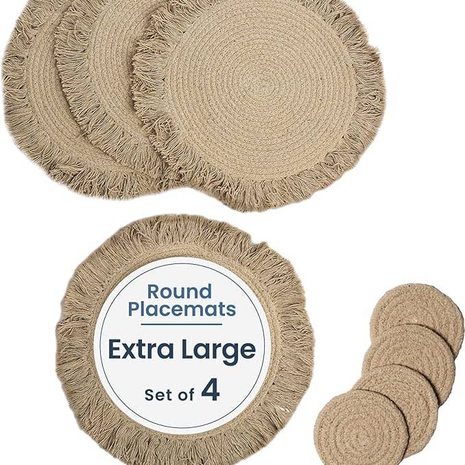 Beige Cotton Rope Placemats & Coasters Set of 4 with Fringes for wholesale by The Fine Living Company