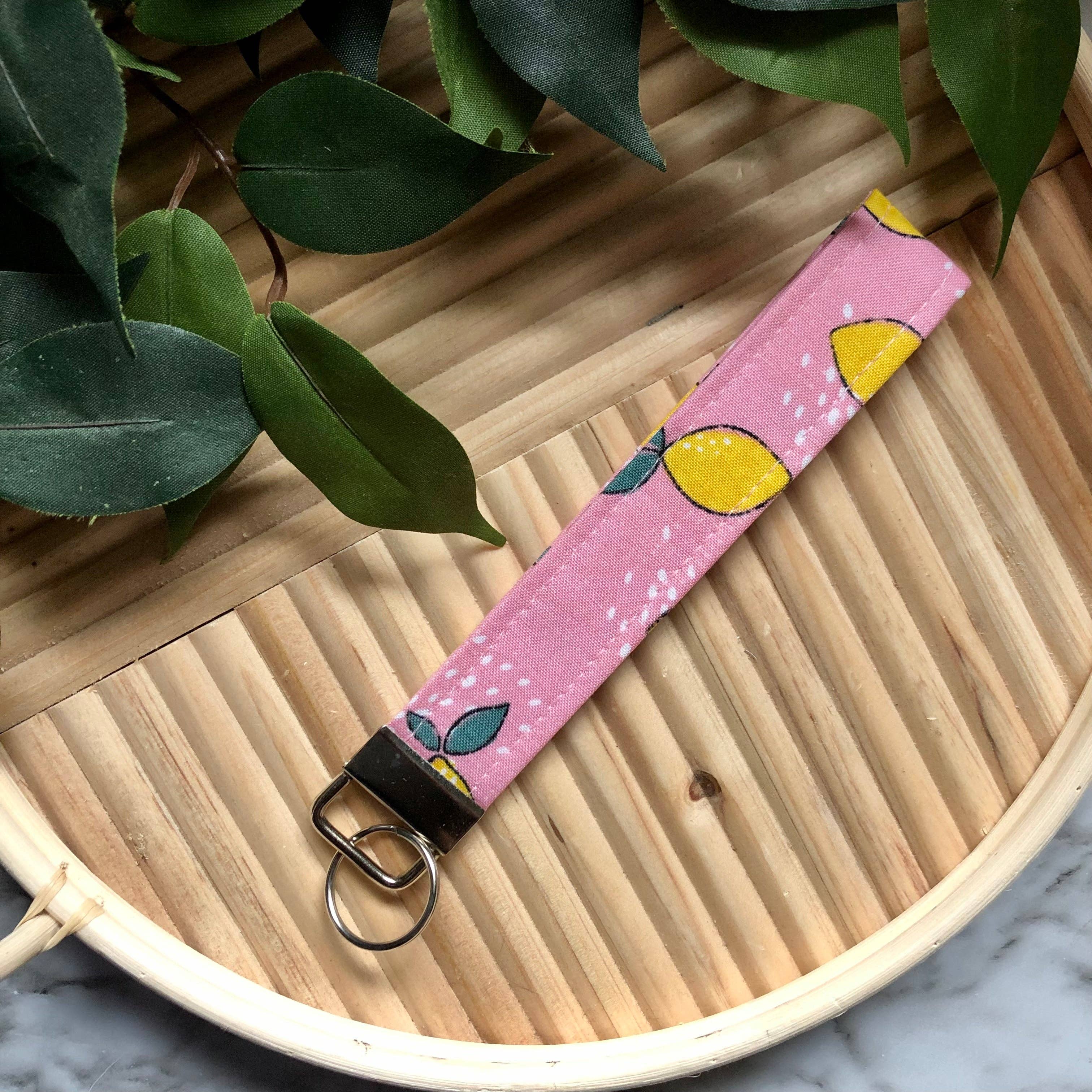 MDStickerShop - Wholesale Keychain - Women's - Pink Lemon Print Fabric Wristlet Keychain, Key Fob0