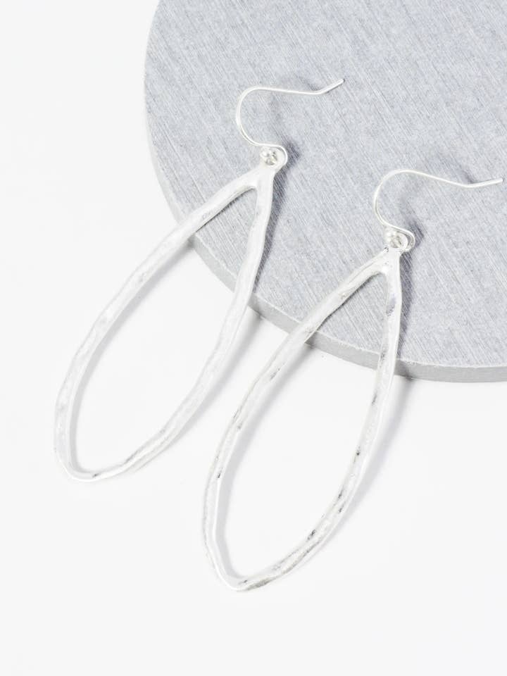 Hammered Metal Elongated Teardrop Dangle Earrings for wholesale by Wild Honey