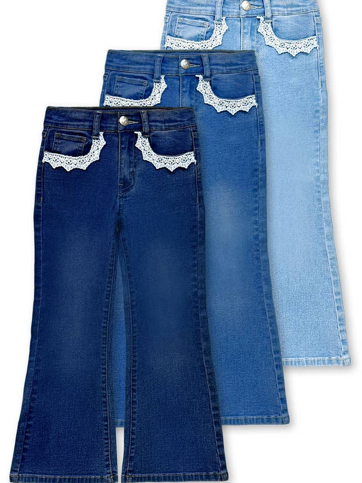 Jean en denim évasé pour fille avec bordure en dentelle BB-GDP-M26-89477A pour la vente par BonnieBianca