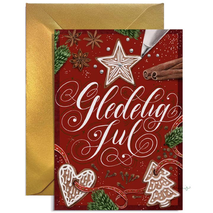 Gledelig Jul Pepperkaker A6 Car + rich gold envelope for wholesale by Memio Illustrated Designs
