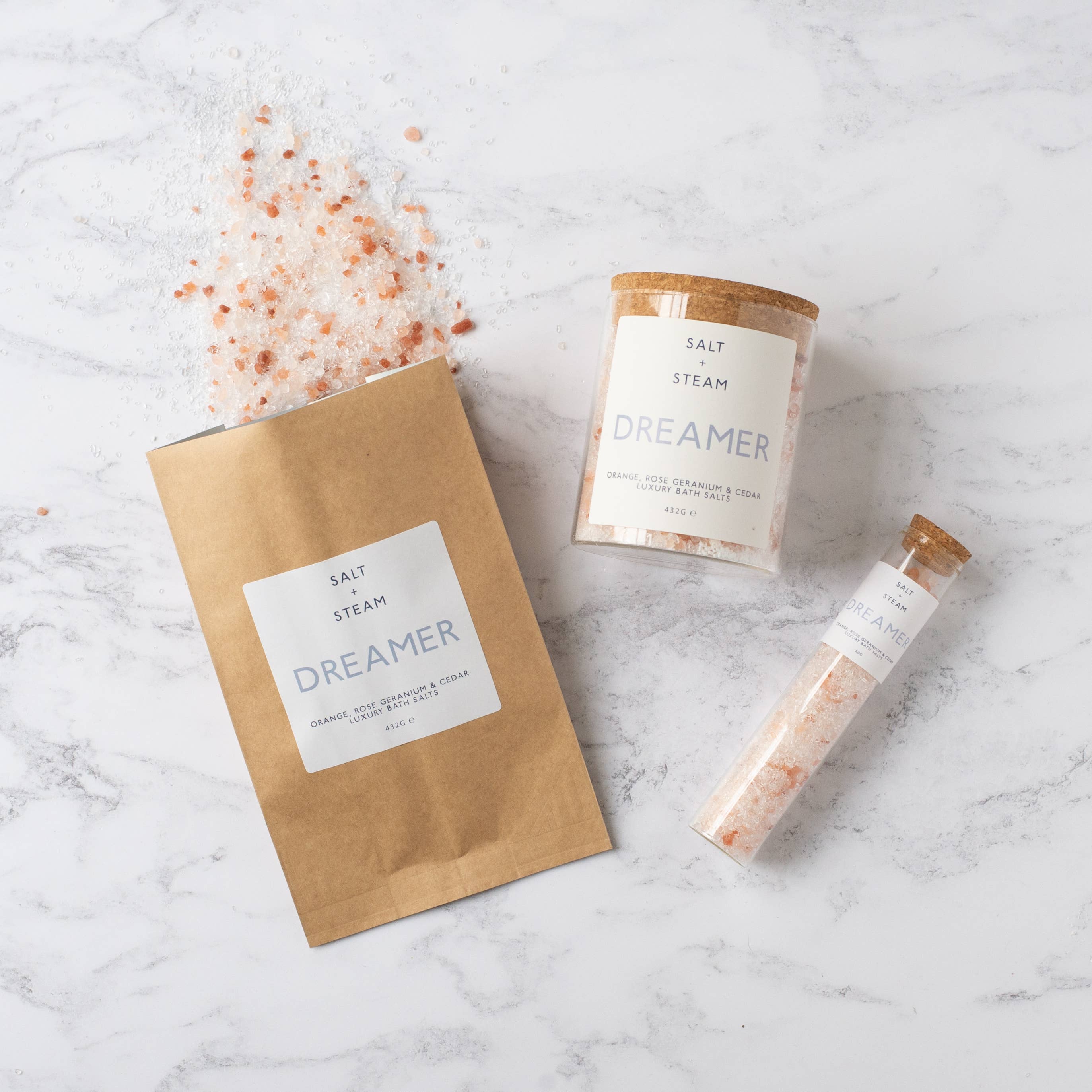 Salt + Steam – wholesale Bath salts – Dreamer - Rose Geranium & Cedar Bath Salts 80g & 432g3