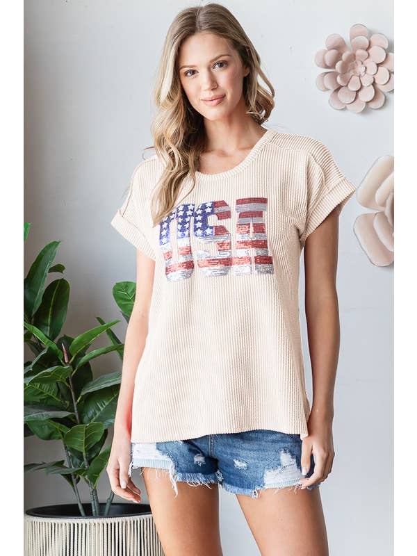 HEIMISH - Wholesale T-Shirt - Women's - ET7822-15 SOLID URBAN RIBB TOP WITH USA SEQUINS PATCH
