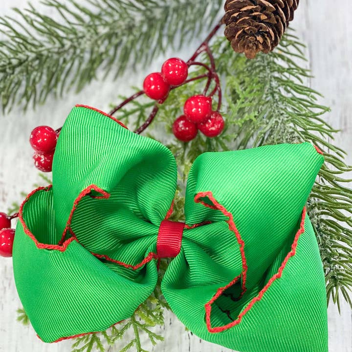 The Hair Bow Company - Wholesale Hair Bow - Kids - Emerald Green with Red Moonstitch Hair Bow0