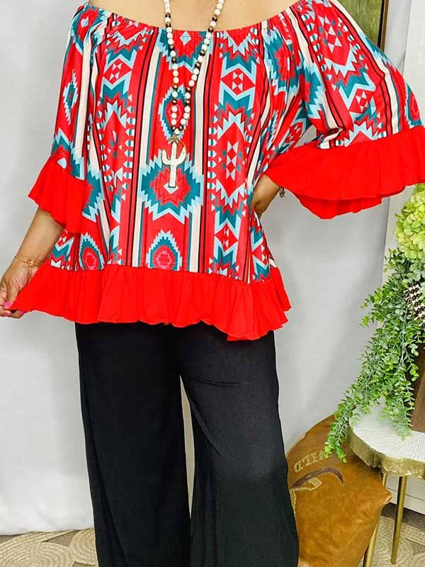 YMY15524 Ruffle trim&bottom loose neckline women blouse for wholesale by luluclothes