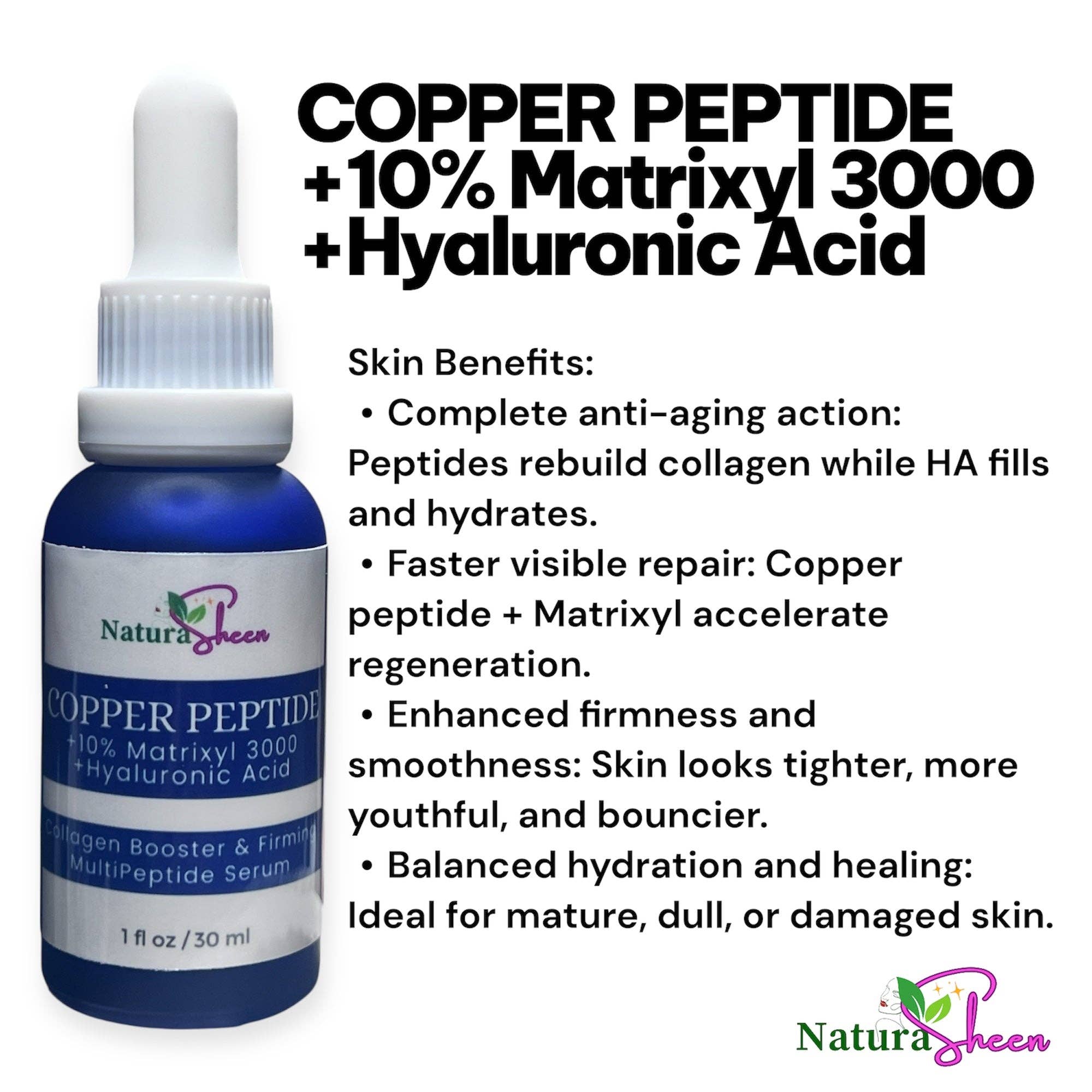 NaturaSheen Skin Care - Wholesale Facial Serum/Concentrate - 3% Copper Peptide + 10% Matrixyl 3000 + Hyaluronic Acid Multipeptide Serum 1 oz Anti-aging Firming Collage. booster1