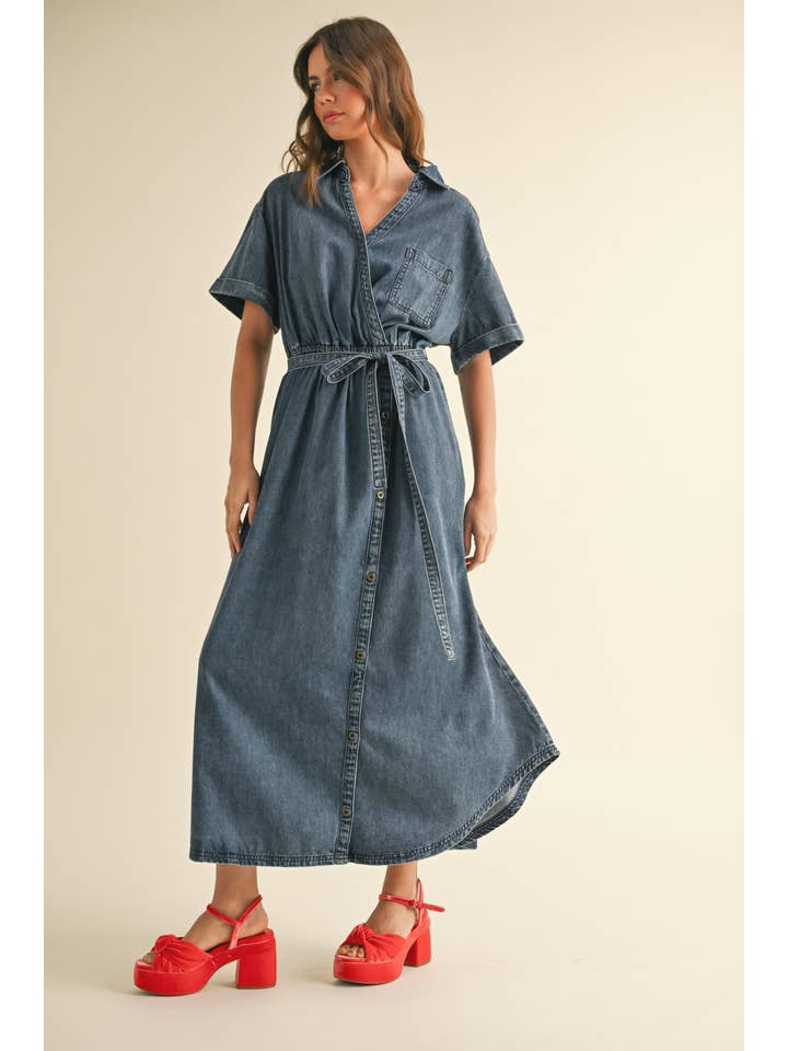 D4779 ASYMMETRIC BUTTON DETAIL DENIM SHIRT DRESS for wholesale on Faire