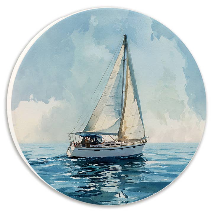 Sottobicchiere per auto Nautico Acquerello Barca a vela per la vendita all'ingrosso da parte di Tipsy Coasters & Gifts