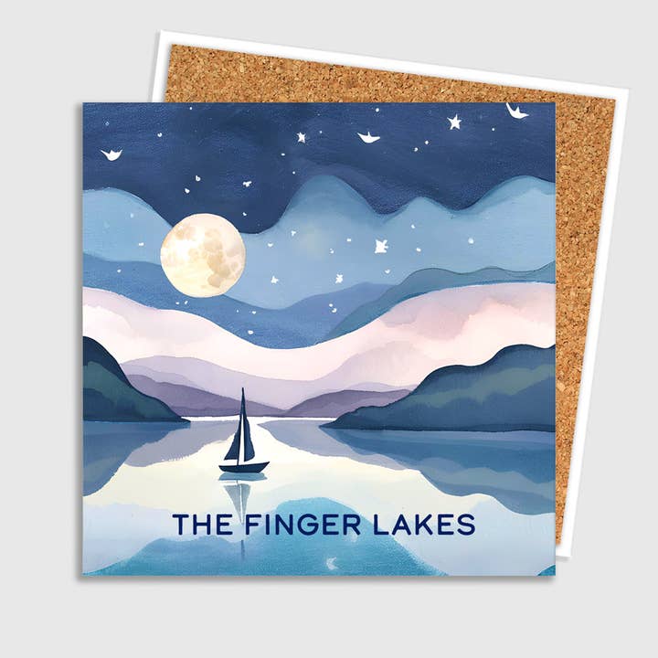 Finger Lakes Night Sail CUSTOMIZE Ceramic Coaster for wholesale by Lake Town Love