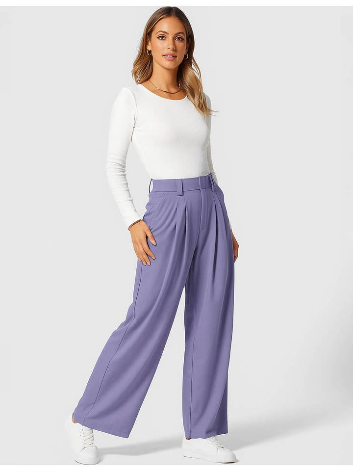 Sweetkama - Wholesale Pants – Women's - Ladies Solid Color Pleated Trousers Pocket Wide Leg Pants7
