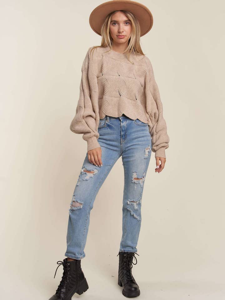 Madelyn - Wholesale Knit Sweater - Women's - LESW3443-SCALLOP HEM LOOSE FIT SWEATER TOP17