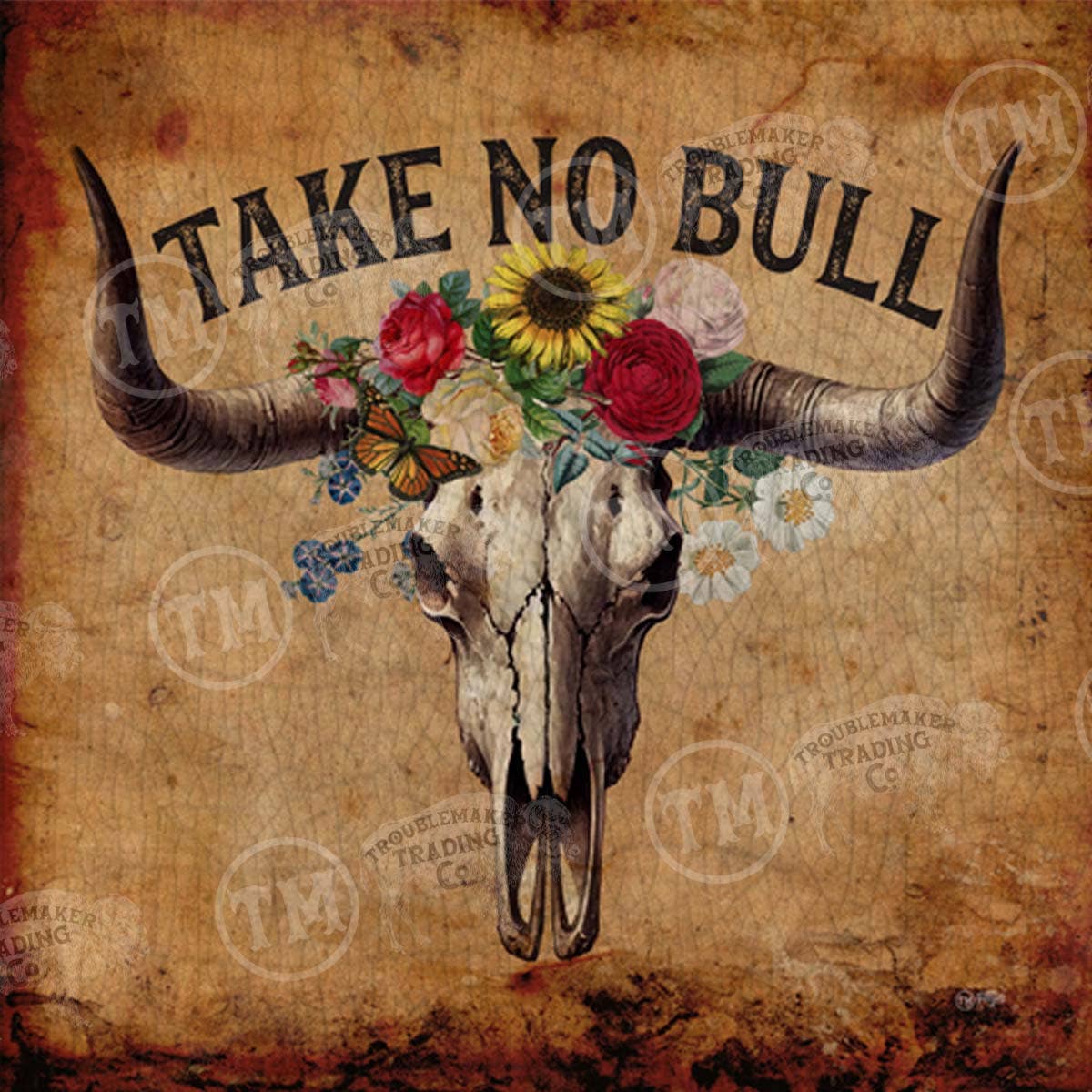 TroubleMaker Trading Company - Wholesale Art Print - Take No Bull Longhorn Skull - Square Framed Artwork1