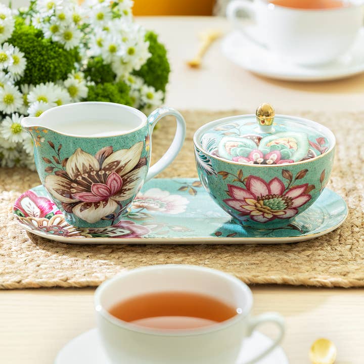 Peacock Lotus Garden Green Sugar Creamer Serving Tray Set for wholesale by Grace Teaware