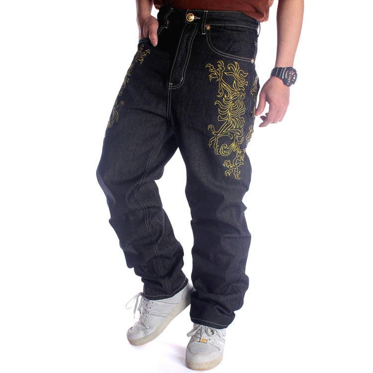 Black Straight Leg Embroidered Denim Pants Trendy Casual Hip Hop for wholesale on Faire2