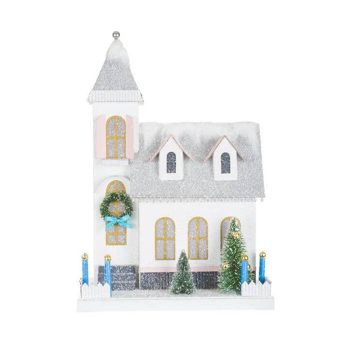 Starlight Collection - Wholesale Decorative Tabletop Object - NEW-White/Silver Illuminated House Display With Snowy Roof