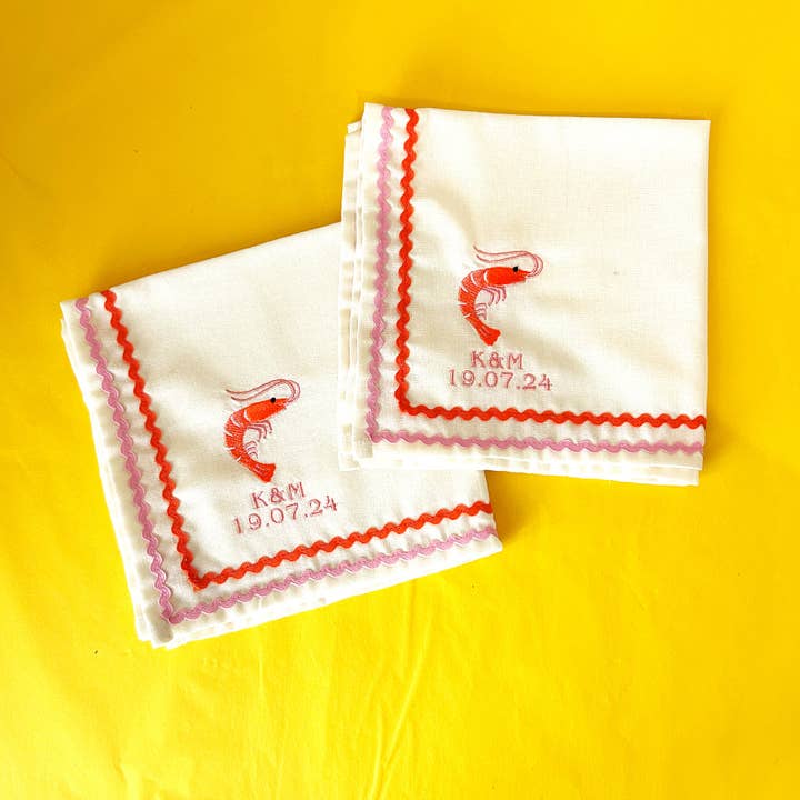 Prawn Toast Embroidered Napkins | Pink | Set of 2 for wholesale by LillyLoves LTD