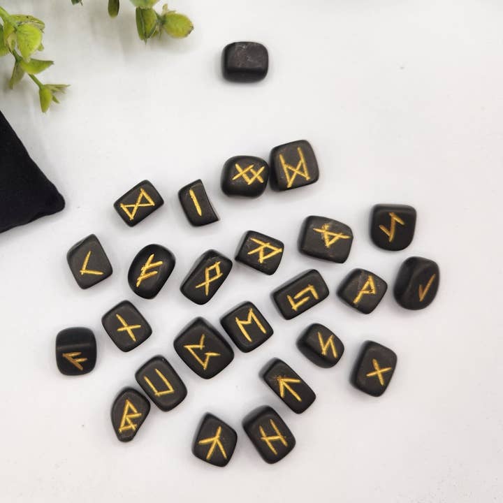 Meraki Gemstones - Wholesale Spiritual Stone/Crystal - Shungite Semi-Precious Gemstone Rune Sets with Velvet Pouch2
